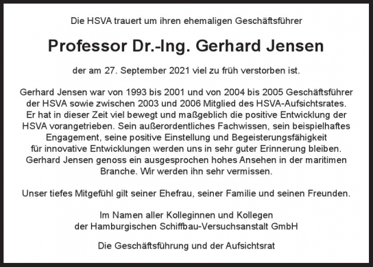 Traueranzeige von Gerhard Jensen  von Hamburger Tageszeitungen und Anzeigenblättern der FUNKE Mediengruppe