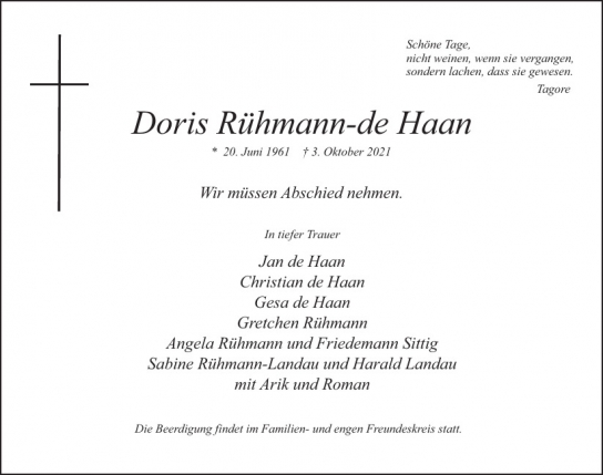 Traueranzeige von Doris  Rühmann-de Haan von Hamburger Tageszeitungen und Anzeigenblättern der FUNKE Mediengruppe