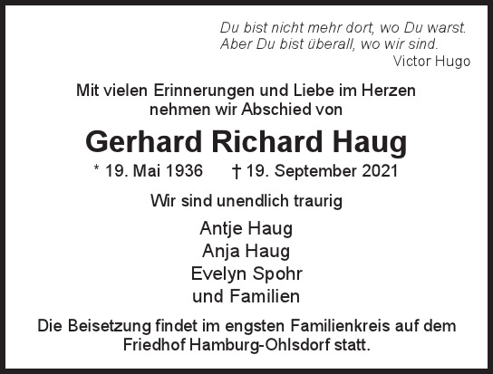 Traueranzeige von Gerhard Richard Haug  von Hamburger Tageszeitungen und Anzeigenblättern der FUNKE Mediengruppe