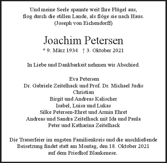 Traueranzeige von Joachim  Petersen  von Hamburger Tageszeitungen und Anzeigenblättern der FUNKE Mediengruppe