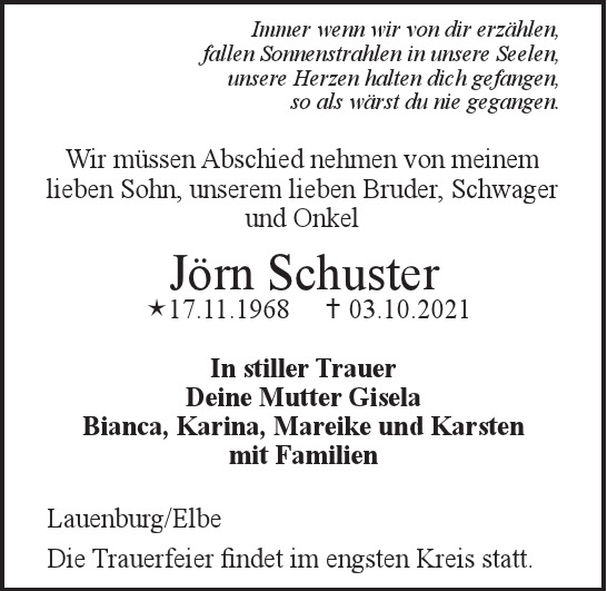 Traueranzeige von Jörn Schuster von Hamburger Tageszeitungen und Anzeigenblättern der FUNKE Mediengruppe