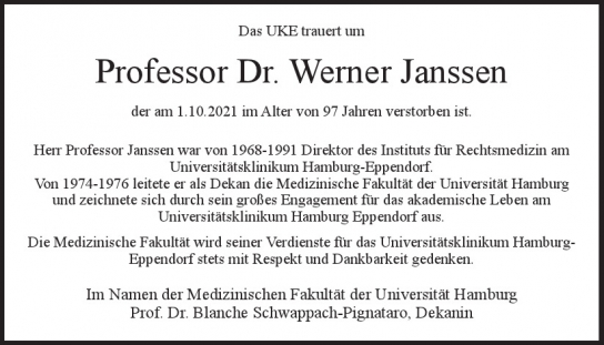 Traueranzeige von Werner Janssen  von Hamburger Tageszeitungen und Anzeigenblättern der FUNKE Mediengruppe