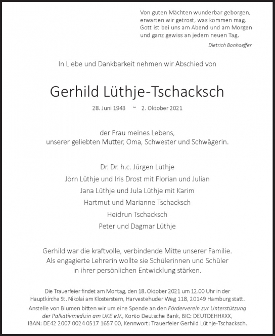 Traueranzeige von Gerhild  Lüthje-Tschacksch  von Hamburger Tageszeitungen und Anzeigenblättern der FUNKE Mediengruppe