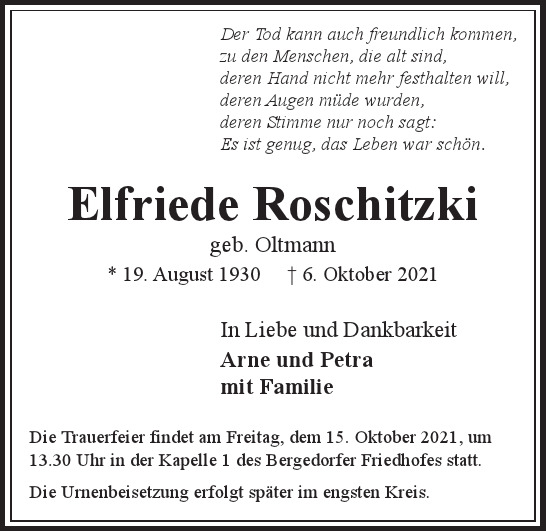 Traueranzeige von Elfriede Roschitzki von Hamburger Tageszeitungen und Anzeigenblättern der FUNKE Mediengruppe