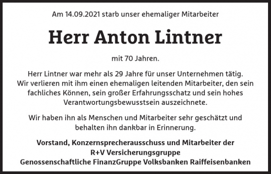 Traueranzeige von Anton Lintner  von Hamburger Tageszeitungen und Anzeigenblättern der FUNKE Mediengruppe