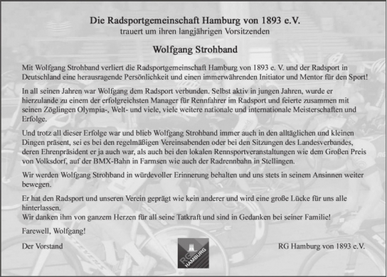 Traueranzeige von Wolfgang Strohband  von Hamburger Tageszeitungen und Anzeigenblättern der FUNKE Mediengruppe
