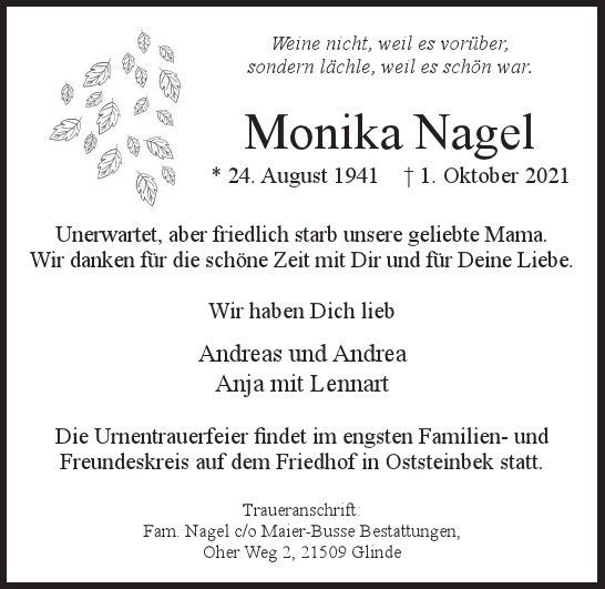 Traueranzeige von Monika Nagel von Hamburger Tageszeitungen und Anzeigenblättern der FUNKE Mediengruppe