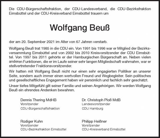 Traueranzeige von Wolfgang Beuß von Hamburger Tageszeitungen und Anzeigenblättern der FUNKE Mediengruppe