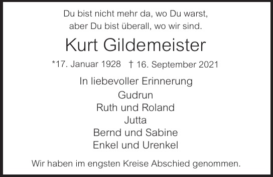 Traueranzeige von Kurt  Gildemeister  von Hamburger Tageszeitungen und Anzeigenblättern der FUNKE Mediengruppe