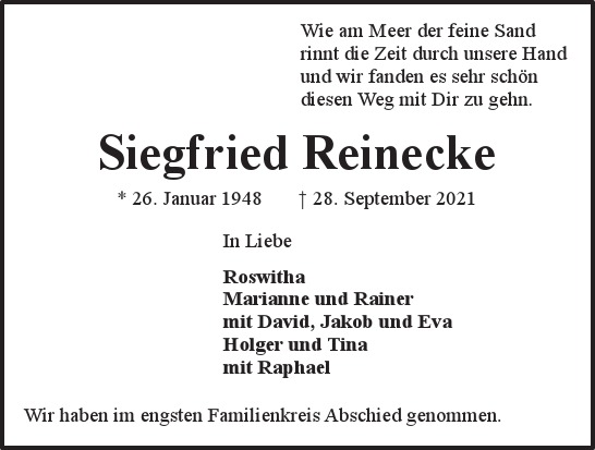 Traueranzeige von Siegfried  Reinecke  von Hamburger Tageszeitungen und Anzeigenblättern der FUNKE Mediengruppe