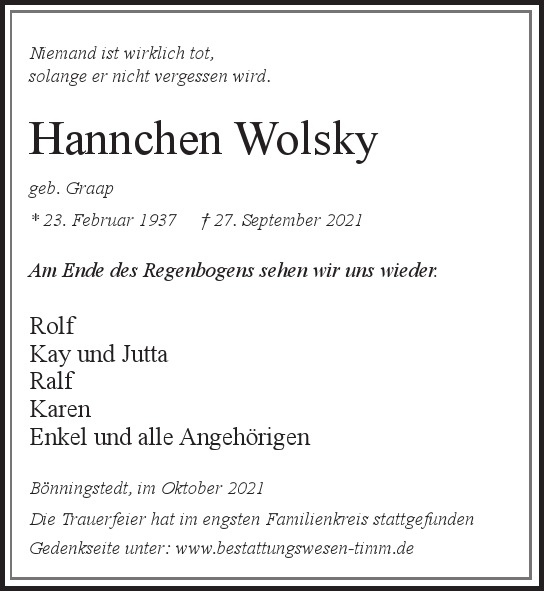 Traueranzeige von Hannchen  Wolsky  von Hamburger Tageszeitungen und Anzeigenblättern der FUNKE Mediengruppe