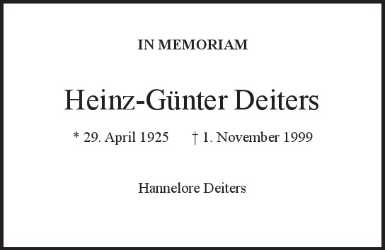 Traueranzeige von Heinz-Günter Deiters von Hamburger Tageszeitungen und Anzeigenblättern der FUNKE Mediengruppe