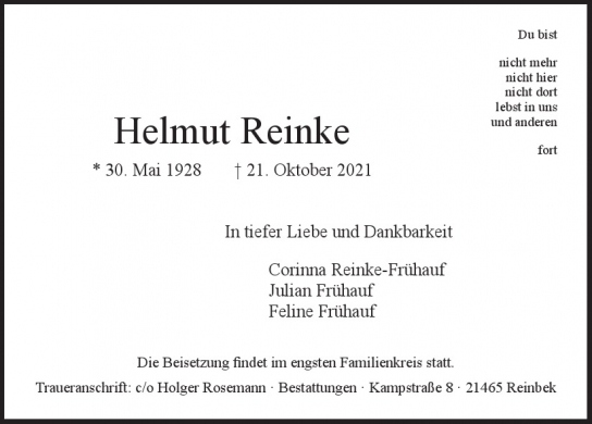 Traueranzeige von Helmut Reinke  von Hamburger Tageszeitungen und Anzeigenblättern der FUNKE Mediengruppe