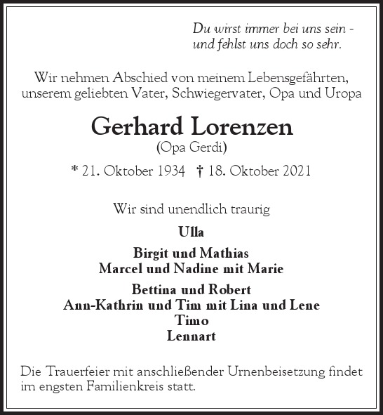 Traueranzeige von Gerhard  Lorenzen  von Hamburger Tageszeitungen und Anzeigenblättern der FUNKE Mediengruppe