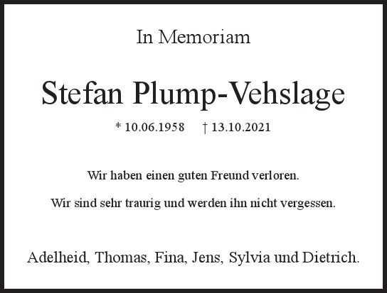 Traueranzeige von Stefan  Plump-Vehslage  von Hamburger Tageszeitungen und Anzeigenblättern der FUNKE Mediengruppe