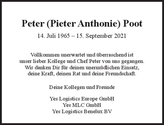 Traueranzeige von Peter (Pieter Anthonie) Poot  von Hamburger Tageszeitungen und Anzeigenblättern der FUNKE Mediengruppe
