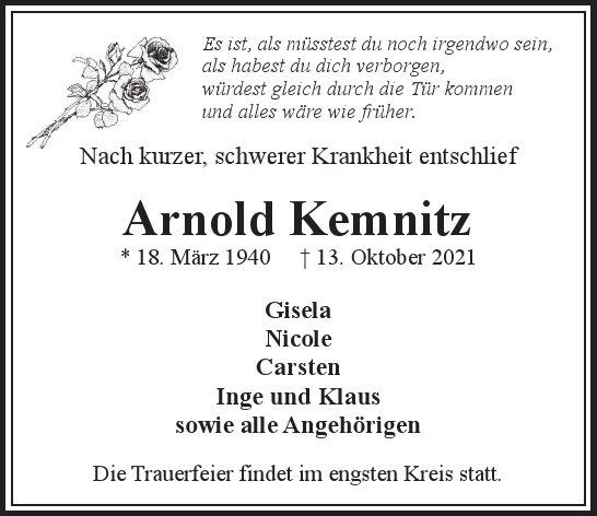 Traueranzeige von Arnold  Kemnitz  von Hamburger Tageszeitungen und Anzeigenblättern der FUNKE Mediengruppe