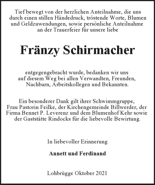 Traueranzeige von Fränzy  Schirmacher  von Hamburger Tageszeitungen und Anzeigenblättern der FUNKE Mediengruppe