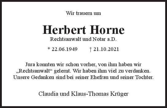 Traueranzeige von Herbert  Horne  von Hamburger Tageszeitungen und Anzeigenblättern der FUNKE Mediengruppe