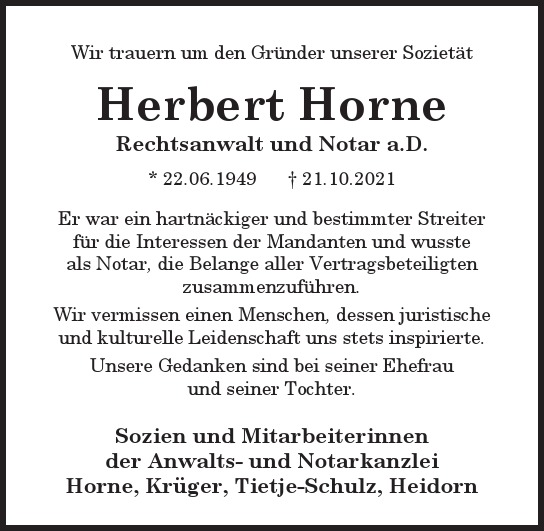 Traueranzeige von Herbert  Horne  von Hamburger Tageszeitungen und Anzeigenblättern der FUNKE Mediengruppe