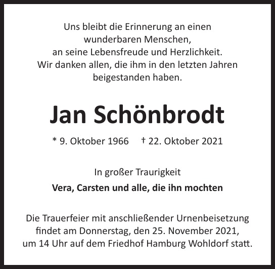 Traueranzeige von Jan  Schönbrodt  von Hamburger Tageszeitungen und Anzeigenblättern der FUNKE Mediengruppe