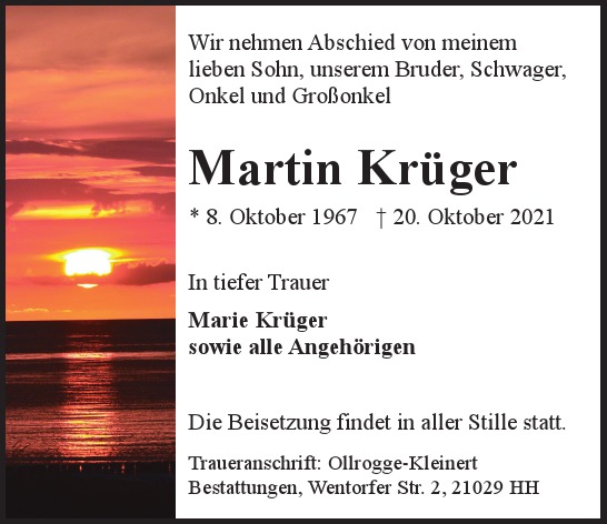 Traueranzeige von Martin  Krüger  von Hamburger Tageszeitungen und Anzeigenblättern der FUNKE Mediengruppe