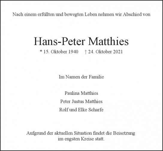 Traueranzeige von Hans-Peter Matthies  von Hamburger Tageszeitungen und Anzeigenblättern der FUNKE Mediengruppe