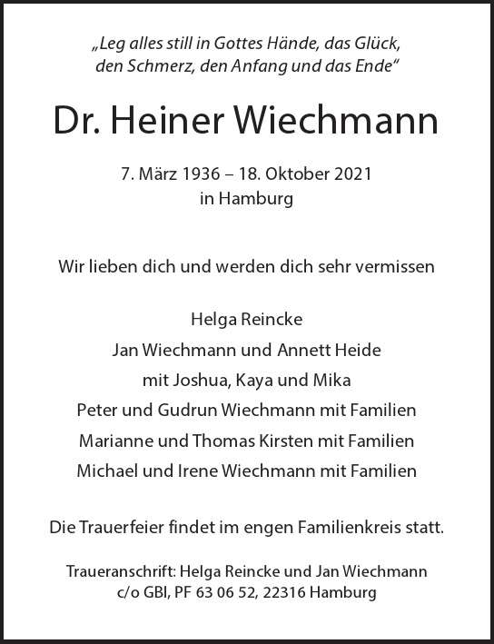 Traueranzeige von Heiner Wiechmann  von Hamburger Tageszeitungen und Anzeigenblättern der FUNKE Mediengruppe