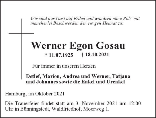 Traueranzeige von Werner Egon  Gosau  von Hamburger Tageszeitungen und Anzeigenblättern der FUNKE Mediengruppe