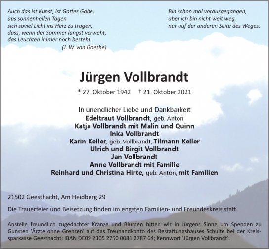 Traueranzeige von Jürgen Vollbrandt  von Hamburger Tageszeitungen und Anzeigenblättern der FUNKE Mediengruppe