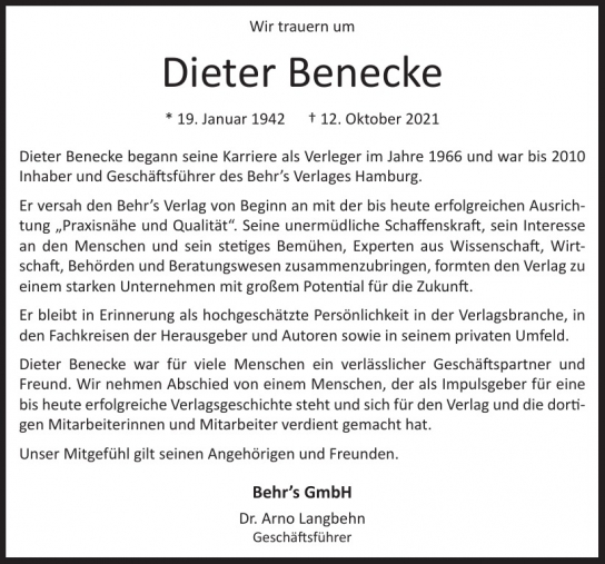 Traueranzeige von Dieter Benecke  von Hamburger Tageszeitungen und Anzeigenblättern der FUNKE Mediengruppe