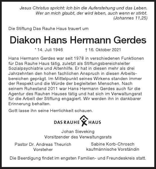 Traueranzeige von Hans Hermann Gerdes  von Hamburger Tageszeitungen und Anzeigenblättern der FUNKE Mediengruppe