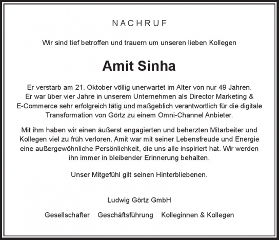 Traueranzeige von Amit Sinha  von Hamburger Tageszeitungen und Anzeigenblättern der FUNKE Mediengruppe