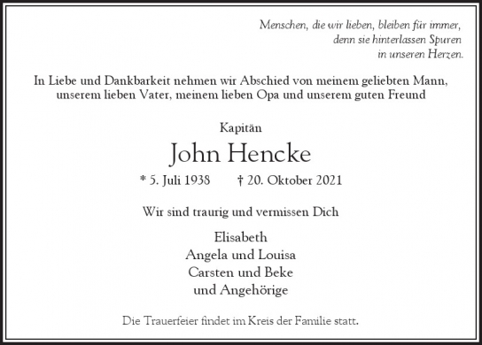 Traueranzeige von John Hencke  von Hamburger Tageszeitungen und Anzeigenblättern der FUNKE Mediengruppe