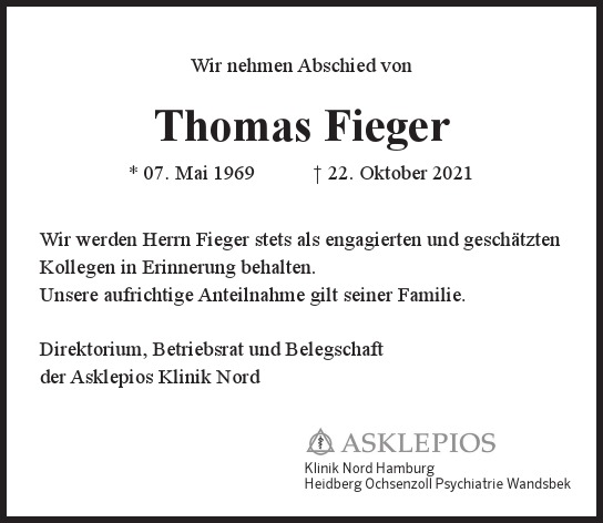 Traueranzeige von Thomas  Fieger  von Hamburger Tageszeitungen und Anzeigenblättern der FUNKE Mediengruppe