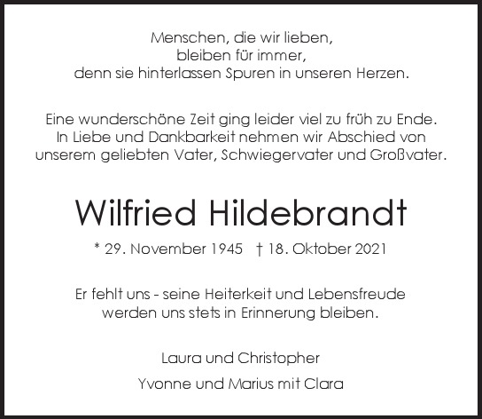 Traueranzeige von Wilfried  Hildebrandt  von Hamburger Tageszeitungen und Anzeigenblättern der FUNKE Mediengruppe