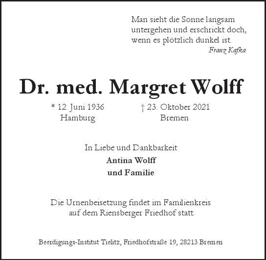 Traueranzeige von Margret  Wolff  von Hamburger Tageszeitungen und Anzeigenblättern der FUNKE Mediengruppe