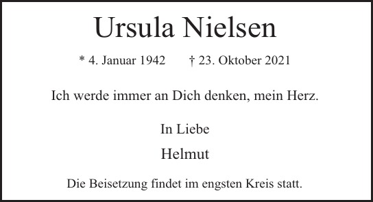 Traueranzeige von Ursula  Nielsen  von Hamburger Tageszeitungen und Anzeigenblättern der FUNKE Mediengruppe