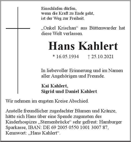 Traueranzeige für Hans Kahlert  vom 30.10.2021 aus Hamburger Tageszeitungen und Anzeigenblättern der FUNKE Mediengruppe