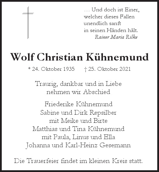 Traueranzeige von Wolf Christian Kühnemund  von Hamburger Tageszeitungen und Anzeigenblättern der FUNKE Mediengruppe