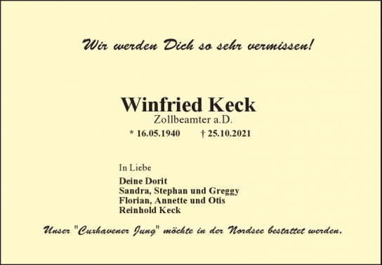 Traueranzeige von Winfried Keck  von Hamburger Tageszeitungen und Anzeigenblättern der FUNKE Mediengruppe