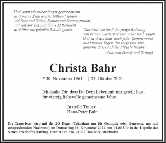 Traueranzeige von Christa Bahr  von Hamburger Tageszeitungen und Anzeigenblättern der FUNKE Mediengruppe