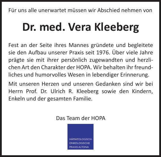 Traueranzeige von Vera  Kleeberg  von Hamburger Tageszeitungen und Anzeigenblättern der FUNKE Mediengruppe