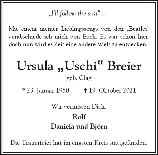 Traueranzeige von Ursula Uschi Breier von Hamburger Tageszeitungen und Anzeigenblättern der FUNKE Mediengruppe