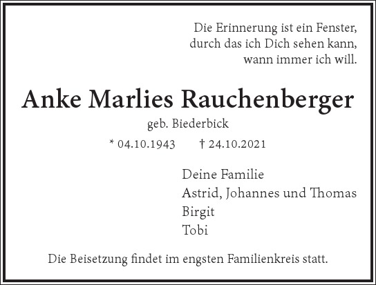 Traueranzeige von Anke Marlies Rauchenberger  von Hamburger Tageszeitungen und Anzeigenblättern der FUNKE Mediengruppe