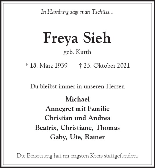 Traueranzeige von Freya Sieh von Hamburger Tageszeitungen und Anzeigenblättern der FUNKE Mediengruppe
