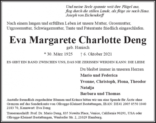 Traueranzeige von Eva Margarete Charlotte Deng  von Hamburger Tageszeitungen und Anzeigenblättern der FUNKE Mediengruppe