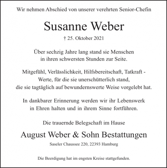 Traueranzeige von Susanne Weber  von Hamburger Tageszeitungen und Anzeigenblättern der FUNKE Mediengruppe
