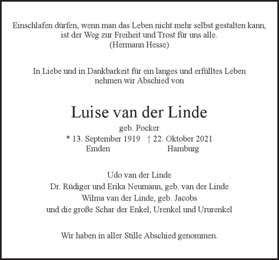 Traueranzeige von Luise  van der Linde  von Hamburger Tageszeitungen und Anzeigenblättern der FUNKE Mediengruppe