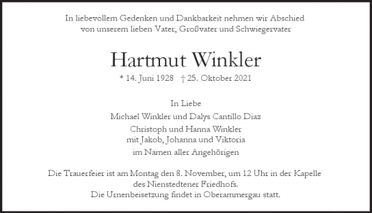 Traueranzeige von Hartmut Winkler  von Hamburger Tageszeitungen und Anzeigenblättern der FUNKE Mediengruppe
